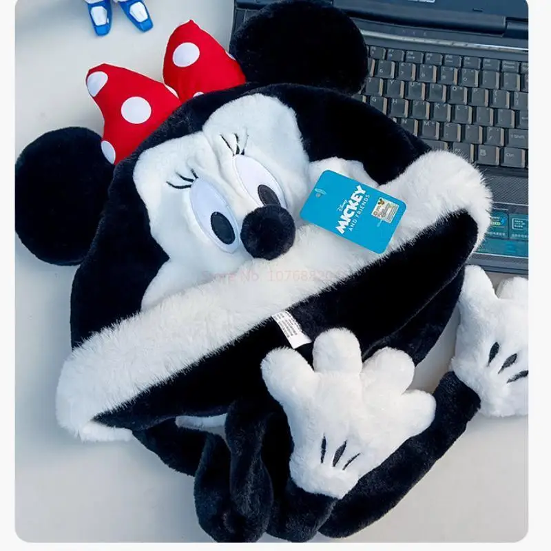 Genuine Disney Minnie Mickey Donald Duck Ear Hat Female Winter Cartoon Plus Velvet Warm And Cold-proof Hooded For Girls Xmas Gif