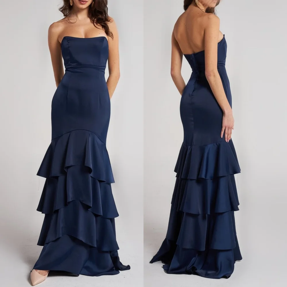 

Customized Charmeuse Ruched Tiered Strapless Floor-length Bespoke Occasion Evening Party Dresses Elegant High Quality