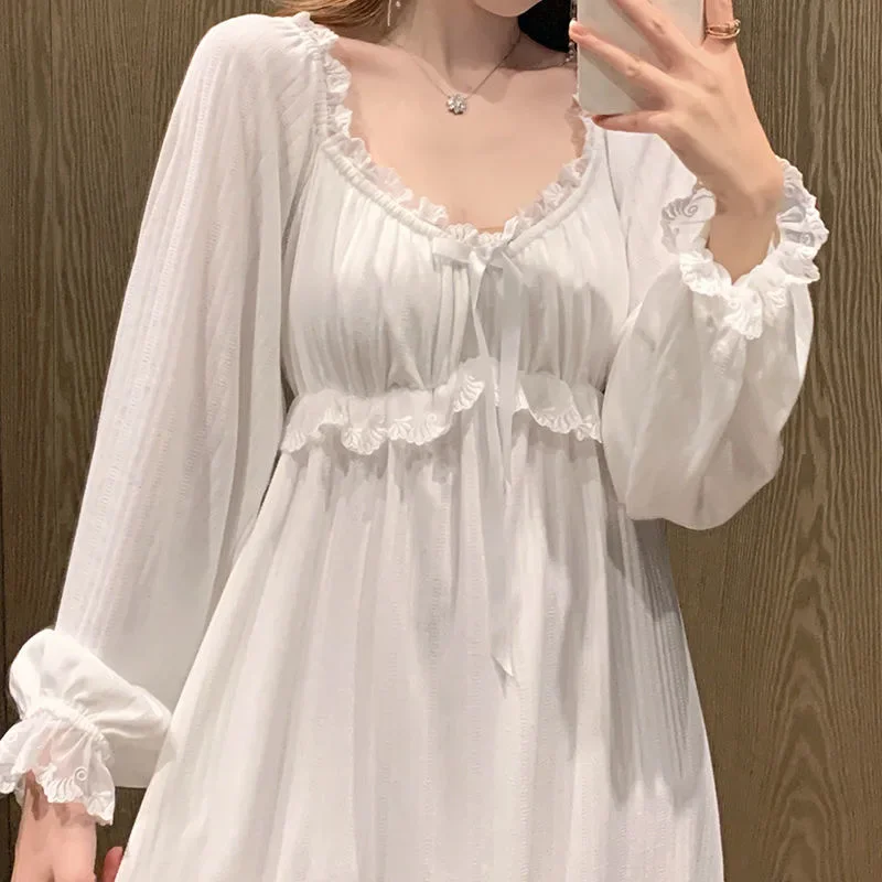 Cotton Nightgowns For Women New Long Sleeve Night Dress Large Size Loose White Nightdress Ladie\'s Nightwear Nightshirt V204