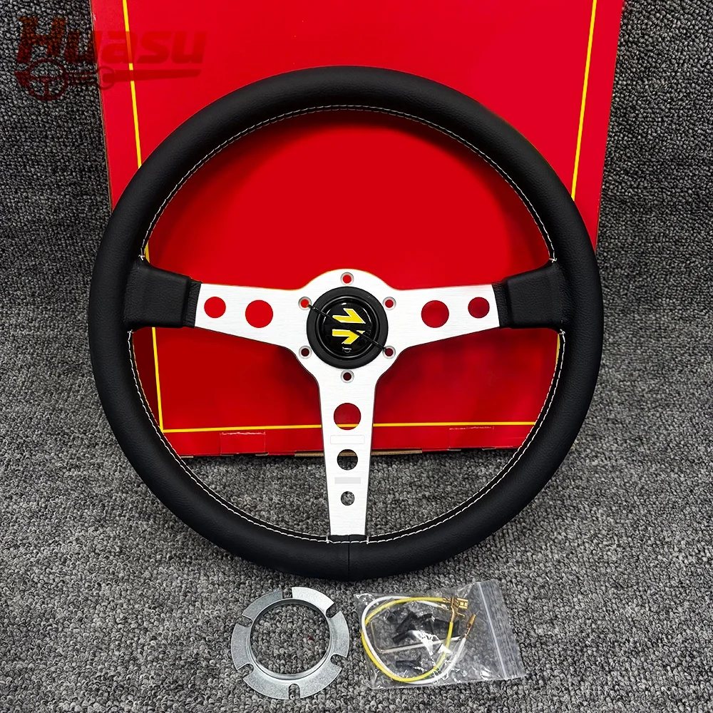 Huasu P1 14inch 350mm Car Sport Steering Wheel Real Leather Black Silver With White Line