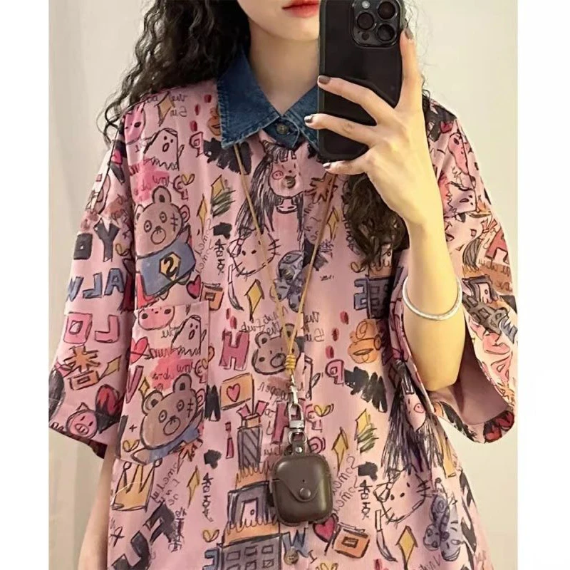 

Fashion Lapel Button Spliced All-match Printed Korean Shirt Female Clothing 2025 Summer New Casual Tops Loose Commute Blouse