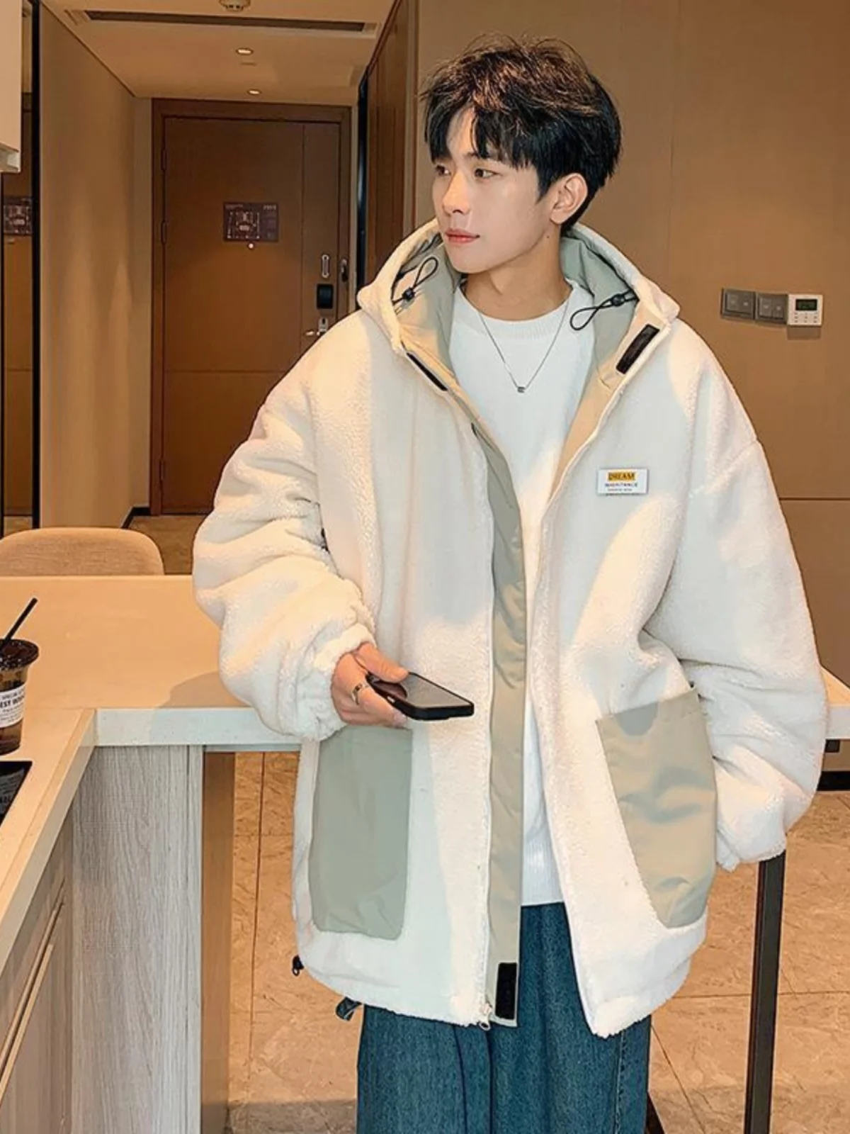 

Double-Sided Wear Lamb Fur Cotton Jaet New Faion Wide Men's down Jaet Hooded Coat Youth ulari Thiened Long Sve