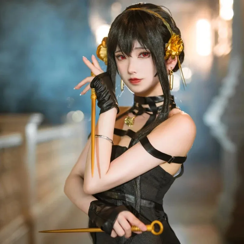 SPY×FAMILY Yor Forger, аниме, карнавальный костюм, черное женское платье, парик, серьги, полный комплект, наряды для вечеринок на Хэллоуин