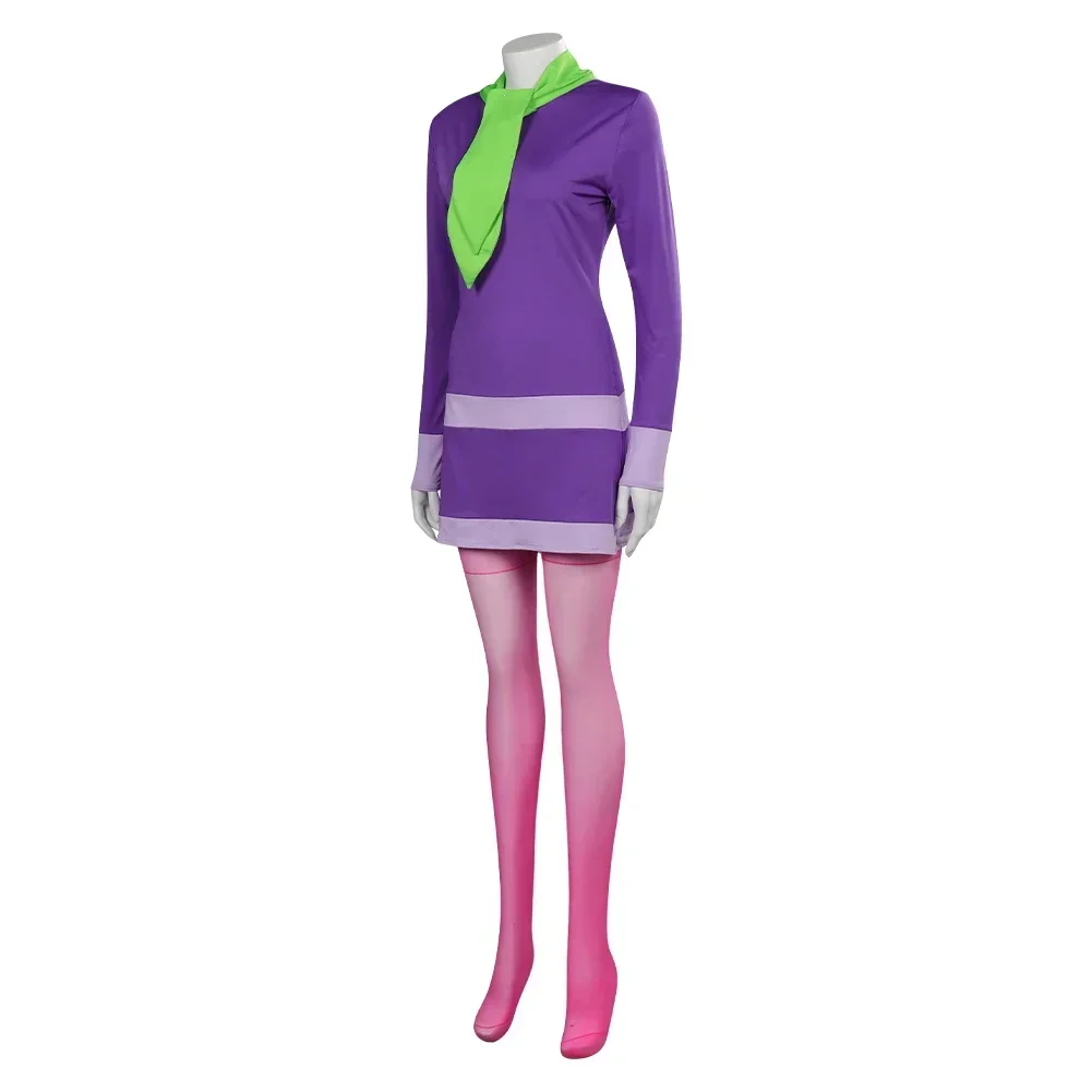 2025 Halloween Groothandel Daphne Blake Cosplay Kostuum Rollenspel Tv Sicoob Jurk Hoofdband Sokken Set Meisjes Rollenspel