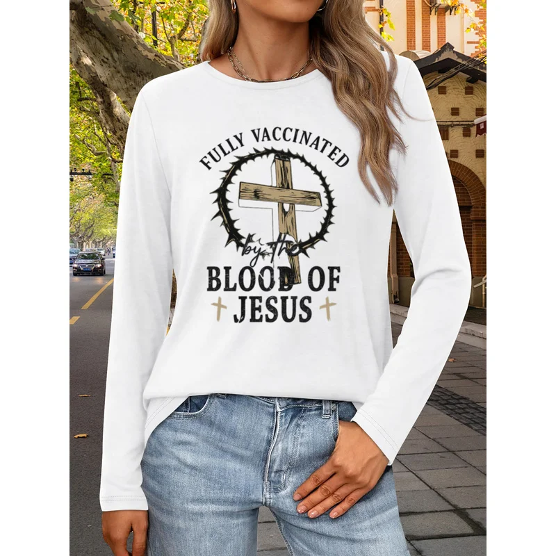 Christian Cross Graphic Women Long Sleeve Tee Fully Vaccinated Jesus Print Casual Shirts