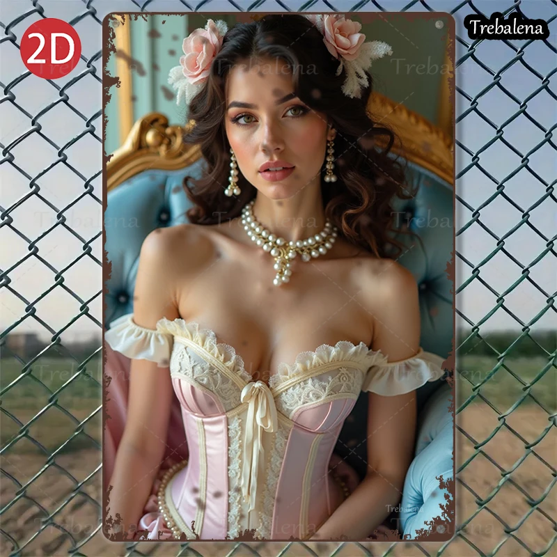 

1PC 2D Flat 8*12inch Metal Sign Vintage Lady in Pink Corset Art Decor