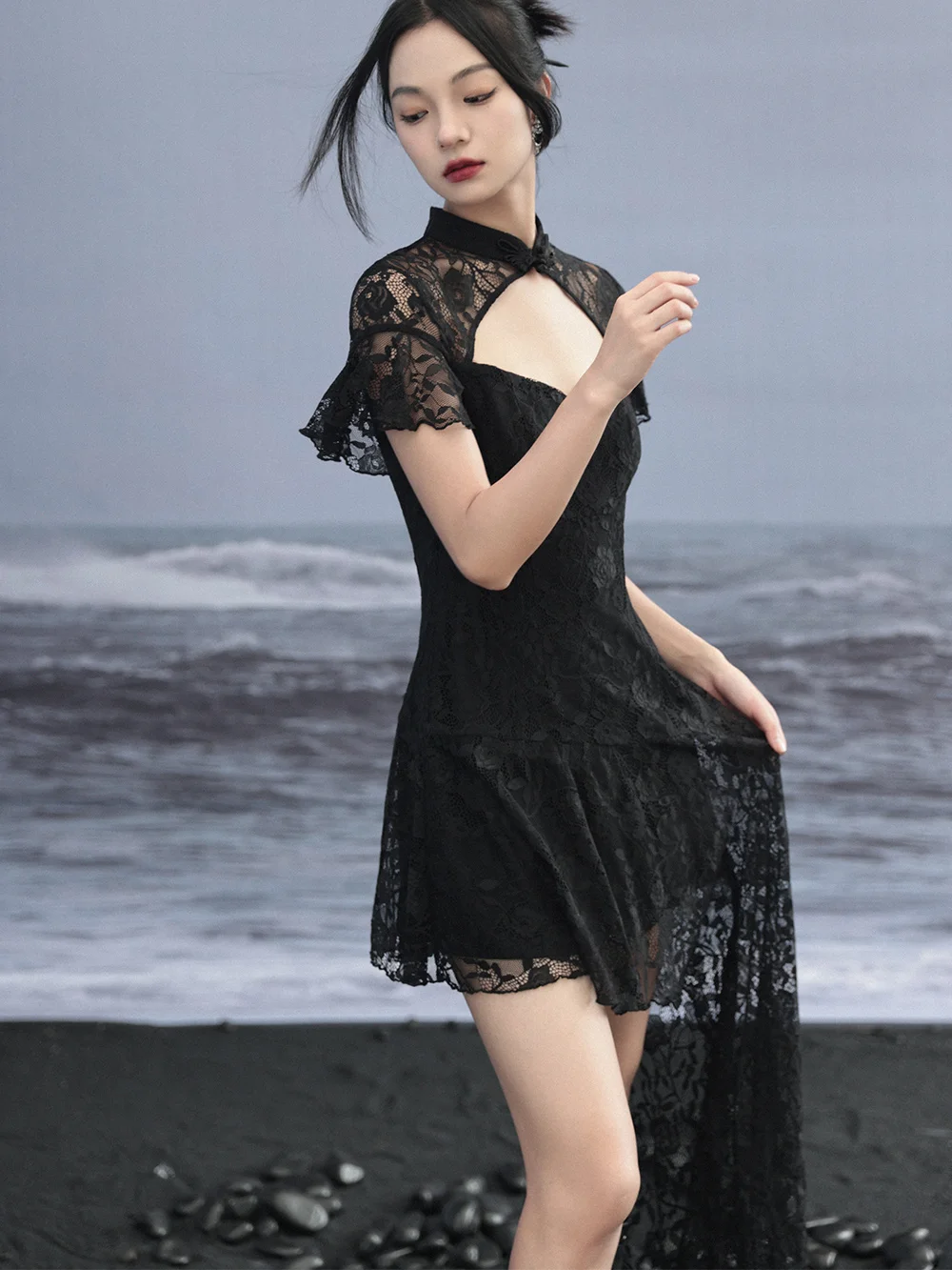 Stitching Dress Women's Summer New Thin Breathable Asymmetric Temperament High Sense Lace Skirt Chinese Cheongsam