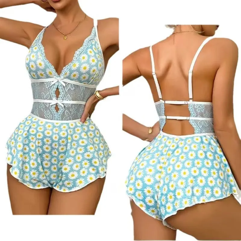 Summer Sleepwear Front Button Cherry Print V-Neck Short Sleeve Romper Onesies Women's Pajamas Nightgown Loungewear