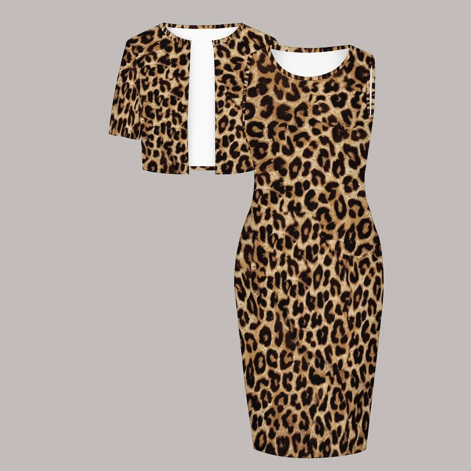 Plus Size 2pcs Women's Formal Elegant Styling Tight Dress  Round Neck Print Knee-length Skirt Short-sleeved Coat Sleeveless Suit