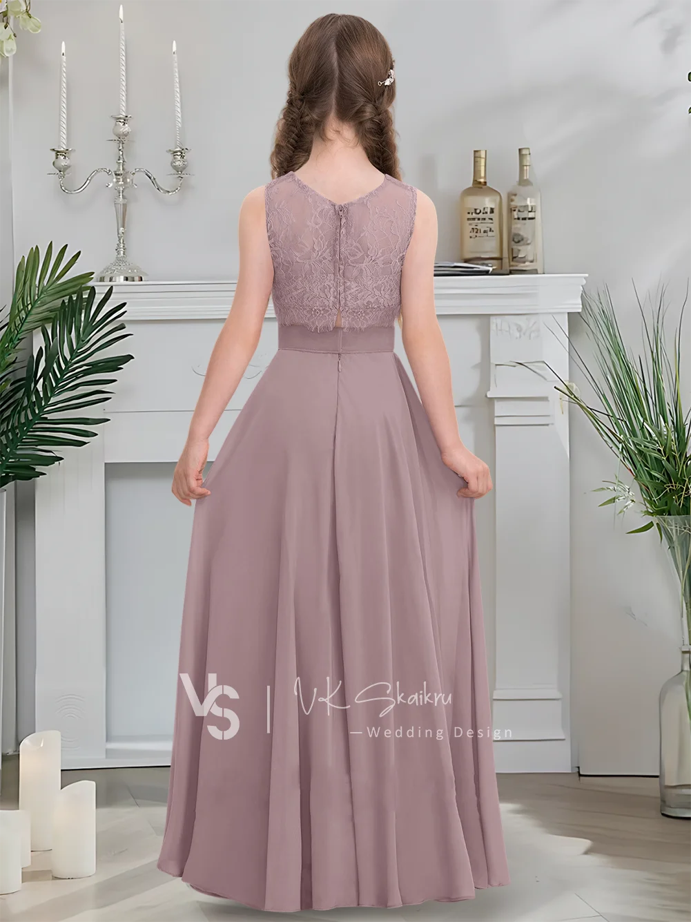 Elegante vestido de dama de honor junior de encaje de gasa hasta el suelo con escote redondo, sin mangas, 2 uds., vestido de niña de flores para bodas de verano