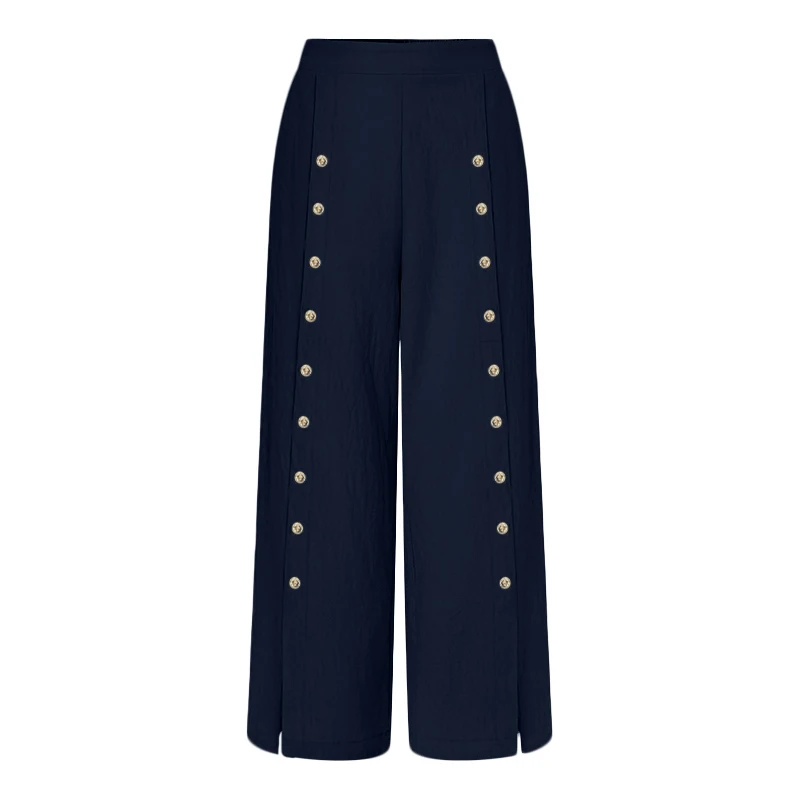 Women's High Waist Wide Leg Pants with Side Buttons and Slit Hem Chic Elegant Loose Fit Trousers for Office Casual Daily