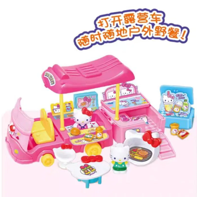 헬로키티, 행복한 캠핑카50144, 야외 캠핑 소녀, 가족과 함께 놀고 있는 모습, 미니 RV 장면, 장난감 보관함