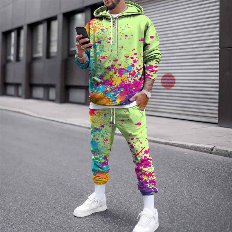 Autumn Winter Male Hoodie Jogging Tracksuit For Men 3D Color Graffiti Mens Hooded Sweatshirt Sets Men Hoodies Two Piece Sets