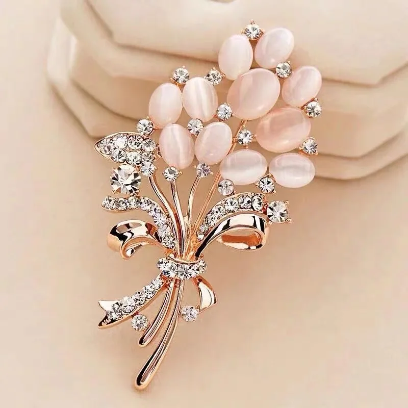 Fashion Opal Stone Flower Bouquet Brooch Pin Birthday Gift Brooches For Women Rhinestone Brooch Pin Accessories