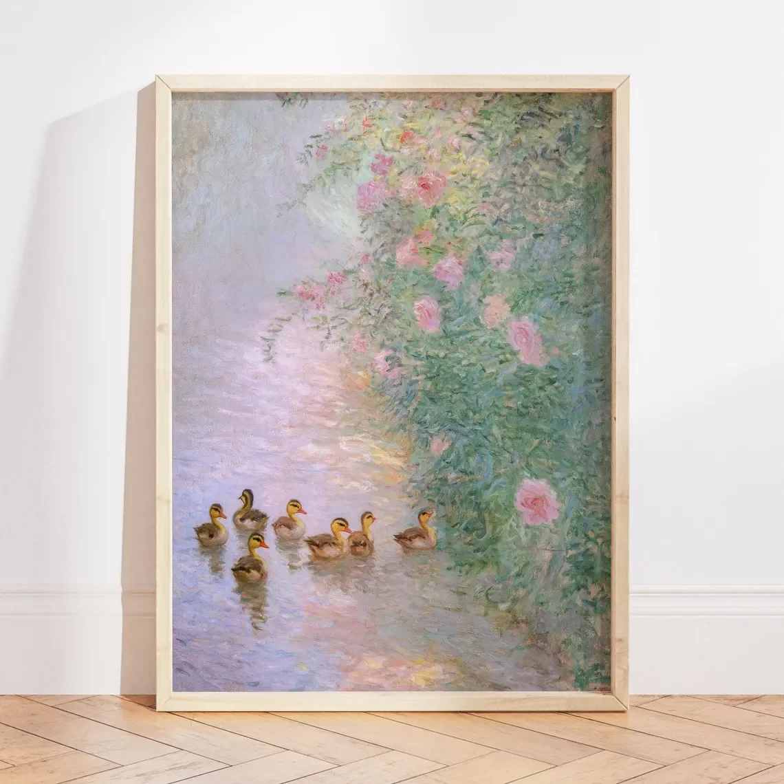 Soft Impressionist Ducklings Wall Print Decor - Dreamy Painting of Seven Ducklings Swimming in a Reflecting Stream, Framed by Cl