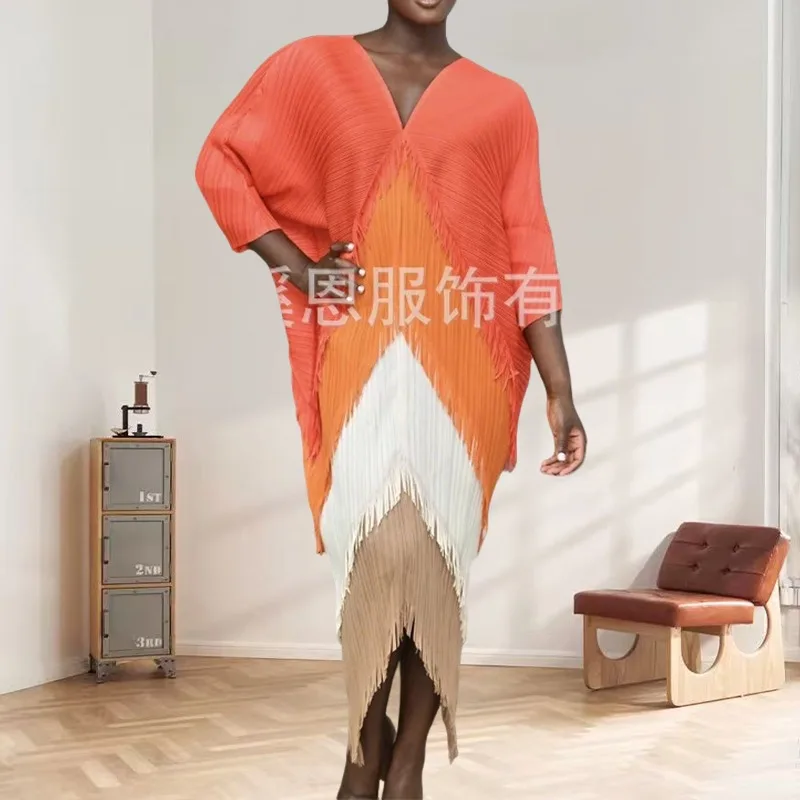 

Miyake Ruffled Dresses V-neck Fold Long Dress Waisted Color Collision Splicing Bat Sleeve Tassel Pleat Dress Plus Size Women's