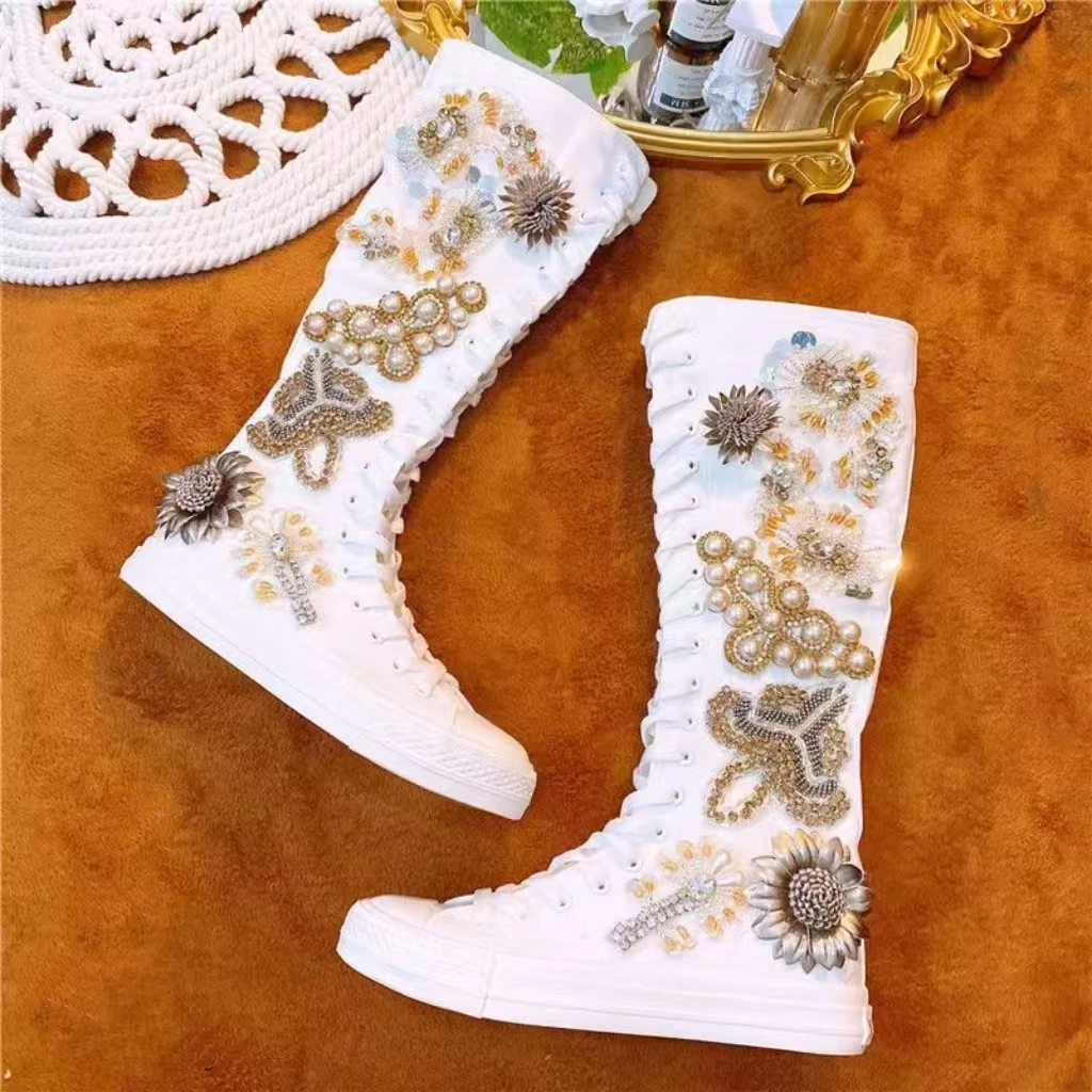 Heavy industry flower tassel beaded rhinester lace-up flat canvas shoes handmade custom tall white slim boots 35-39