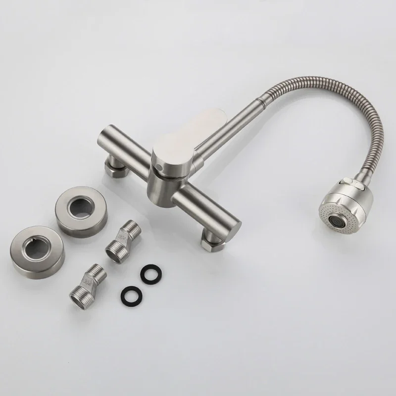 304 صنبور المطبخ الفولاذ المقاوم للصدأ ثقب مزدوج الحائط صنبور حوض خلاط الباردة الساخنة صنبور المطبخ 2 طرق 360 دوران البخاخ الصنابير #5
