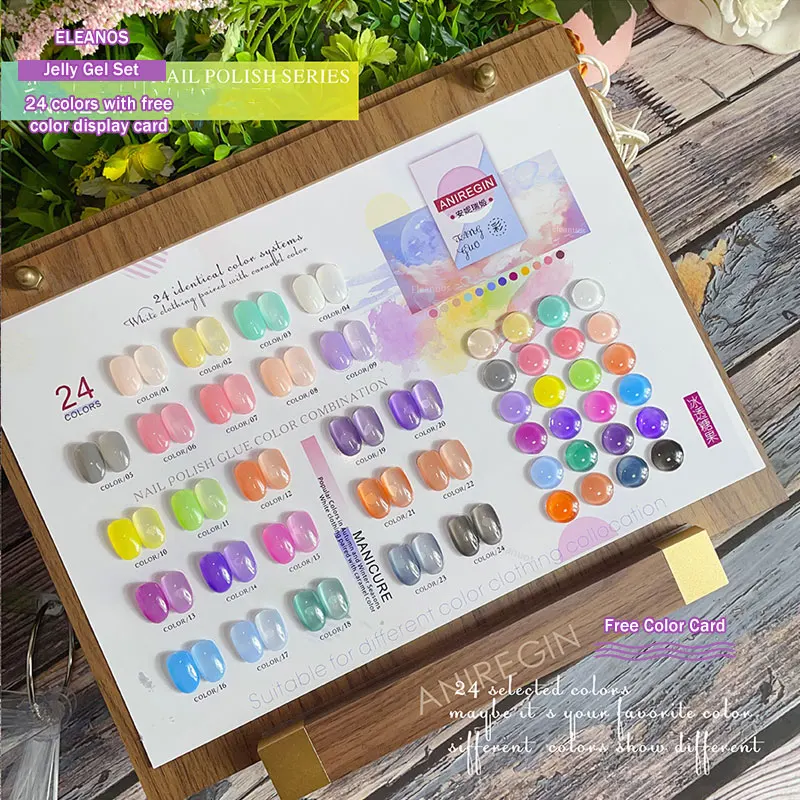 Eleanos Macaron Candy Jelly Gel Nail Polish 24pcs Translucent Nude Pink White Gel Color Card Manicure 15ML Spring UV Gel Varnish