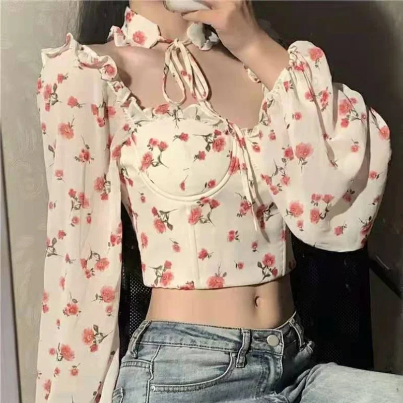 2023 New Spring Sweet Floral Print Folds Ears Short Chiffon Women's Clothes Slash Neck Puff Sleeve Tops Gothic Elegant T-shirts