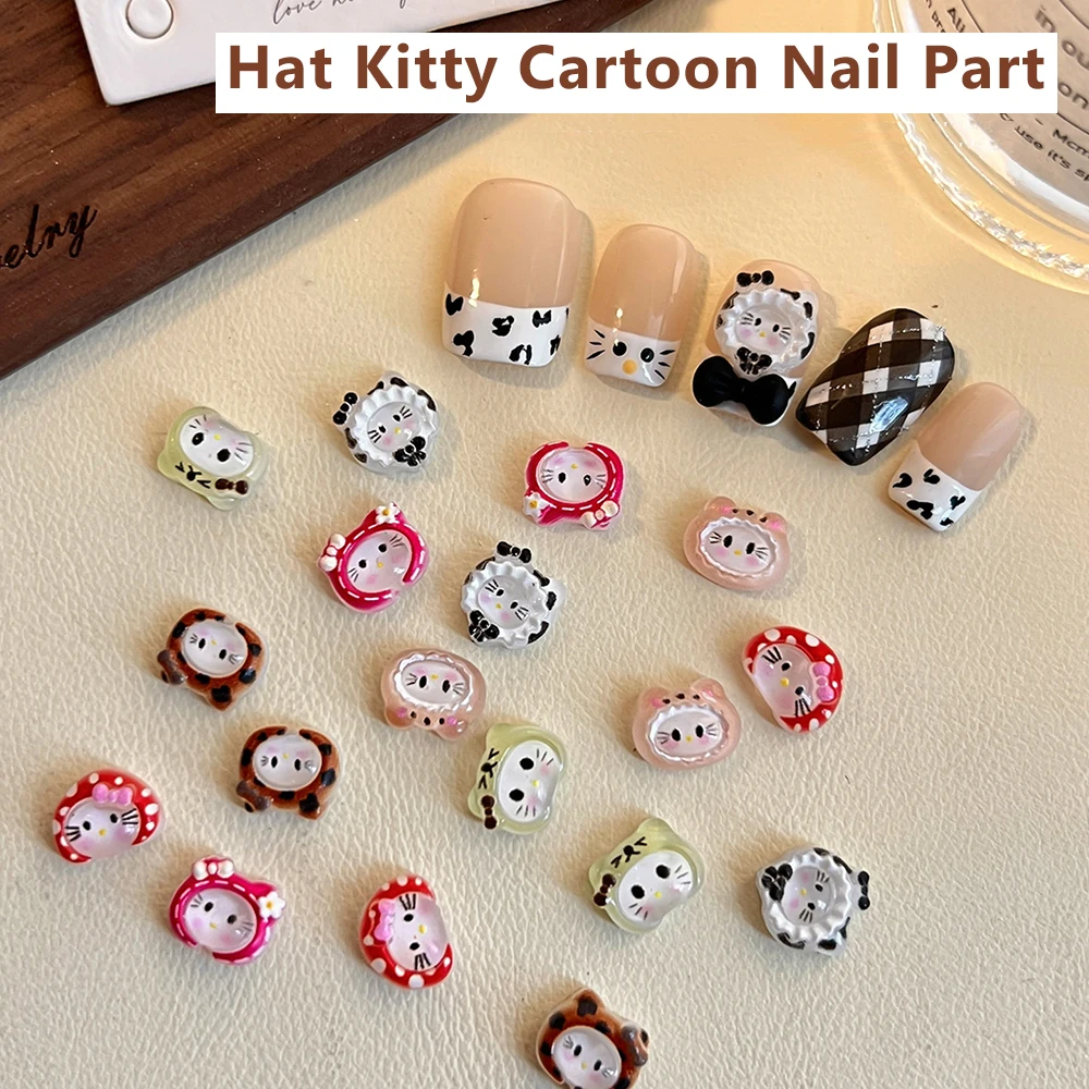 10Pcs 3D Leopard Print Hello Kitty Nail Charm DIY Resin KT Cat Head Hat Rhinestone DIY Nail Art Decoration Manicure Crafts