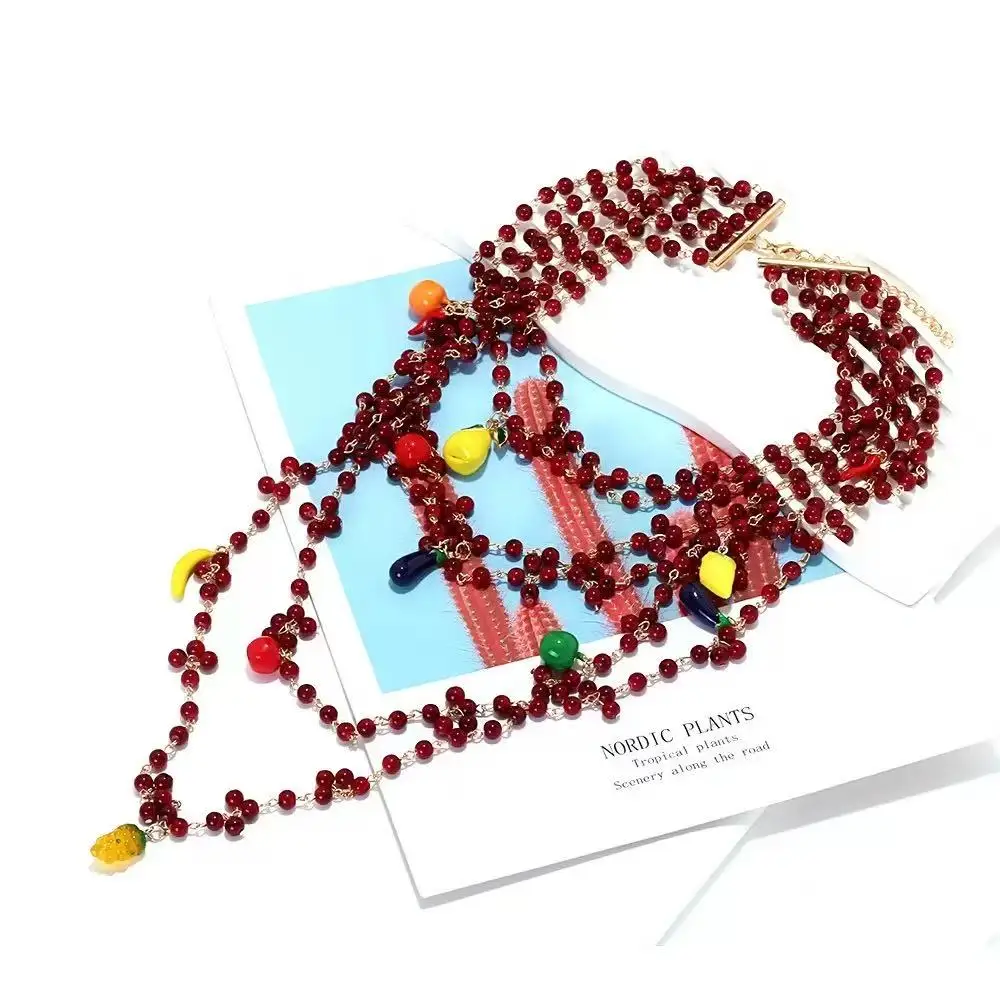 Zvoijio Fashion Multi-layered Crystal Long Chili Eggplant Lemon Necklace