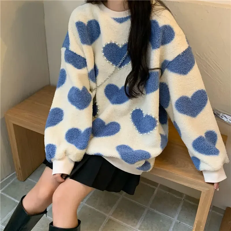 Cute Girl Kawaii Long-sleeved Beaded Imitation Lamb Wool Pullover Clothes Guard Women Winter 2021 New Fashion Sweater + Bag