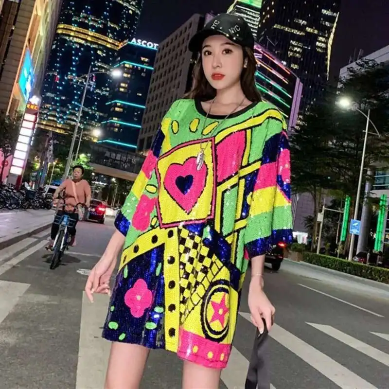 #0208 Summer Long T Shirt Women Loose Streetwear Funny Hip Hop T Shirt Short Sleeve Shinny Sequined T-shirt Female Split Joint