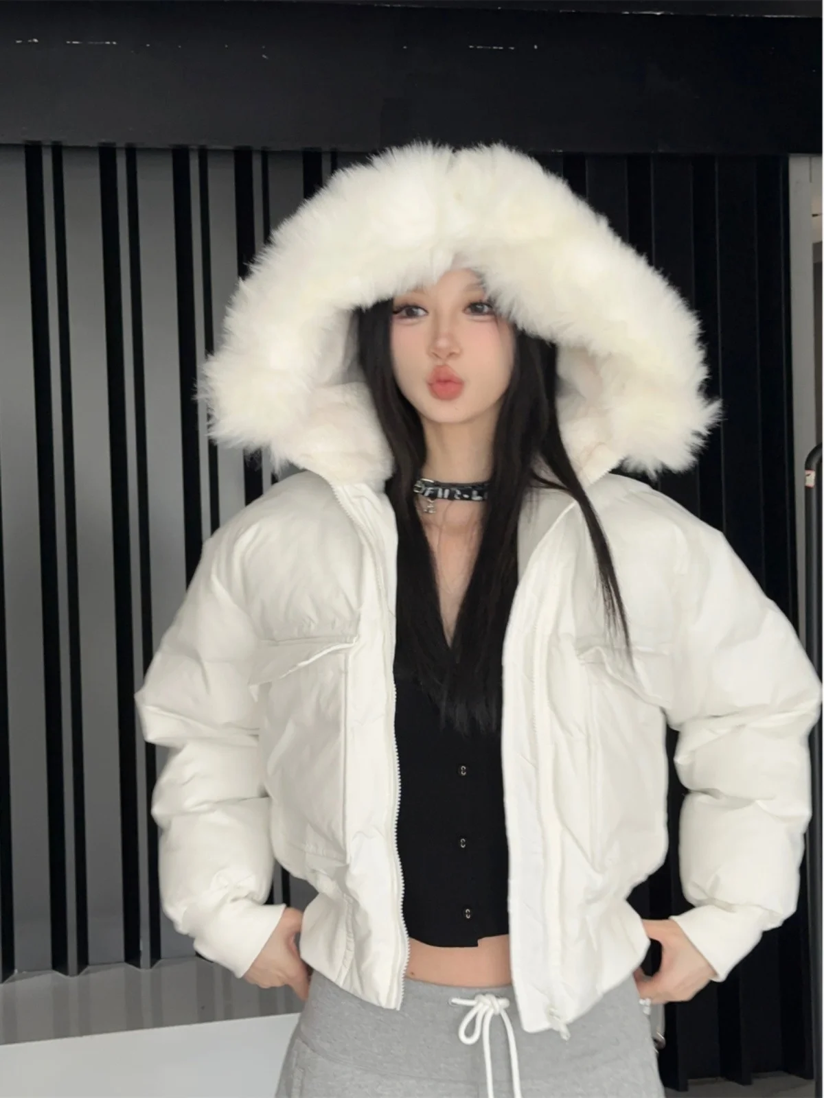

Thiened Pilot Jaet Hooded Coat Bla White Warm Cotton Outerwear Winter Women's Faion Straight Cut Zipper Closure ort...
