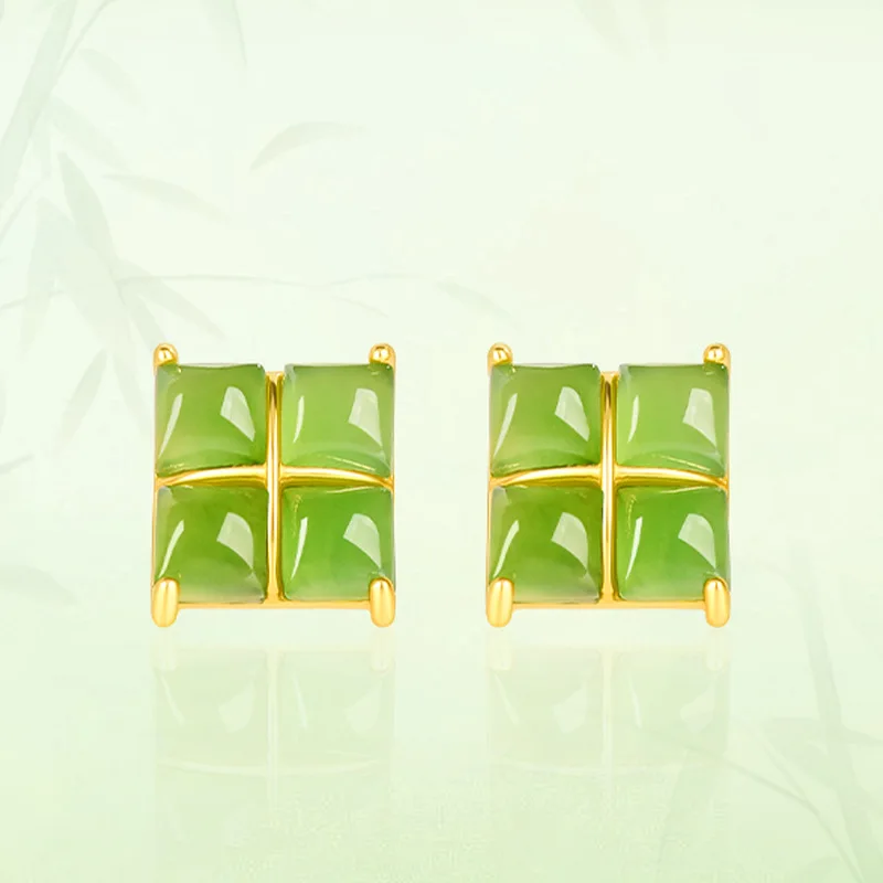 

Natural S925 silver inlaid jade cube sugar stud earrings, simple jade style for women