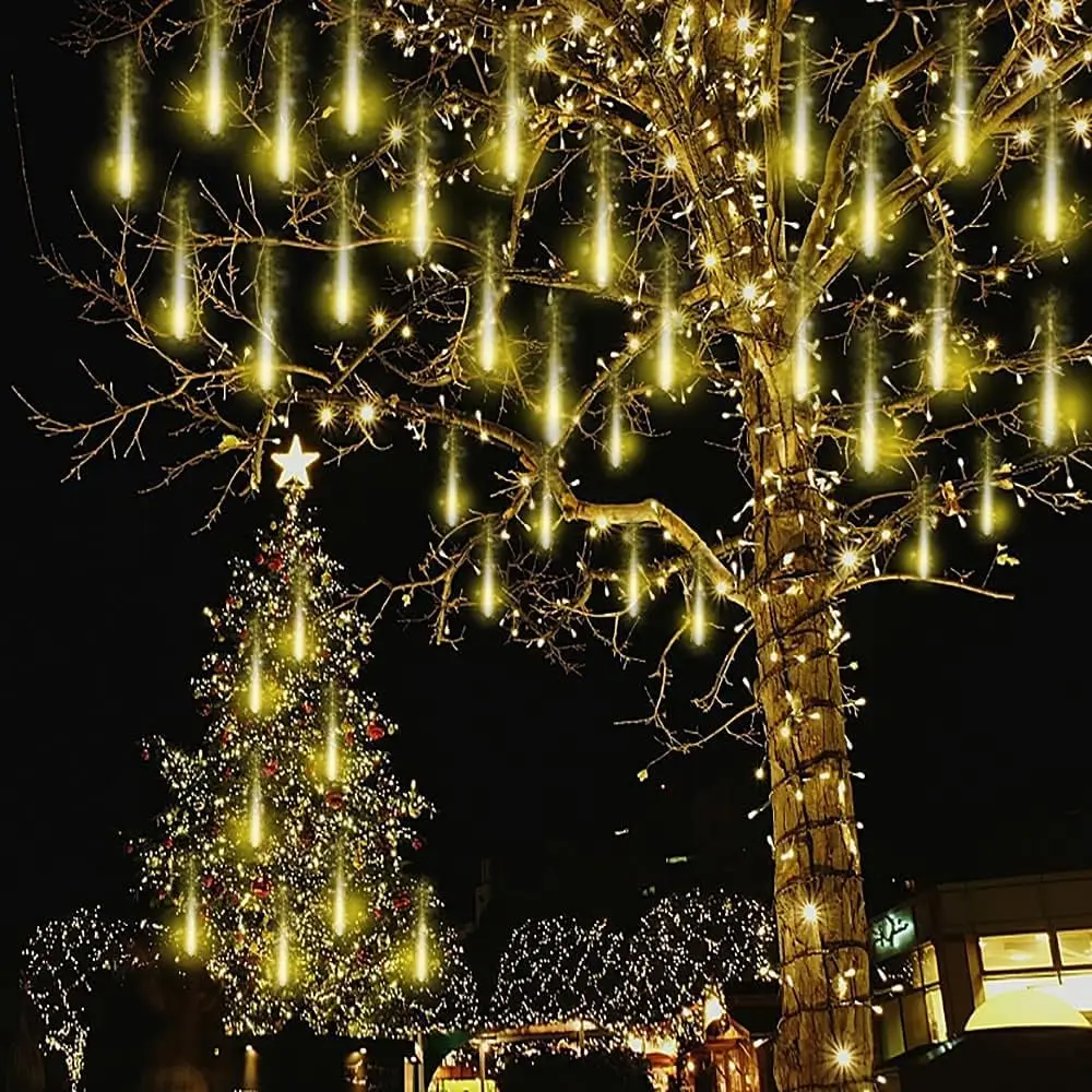 Warm White Icicle Lights Outdoor, 40-Tube Meteor Shower for Christmas Thanksgiving New Year Party Yard Wedding Decor