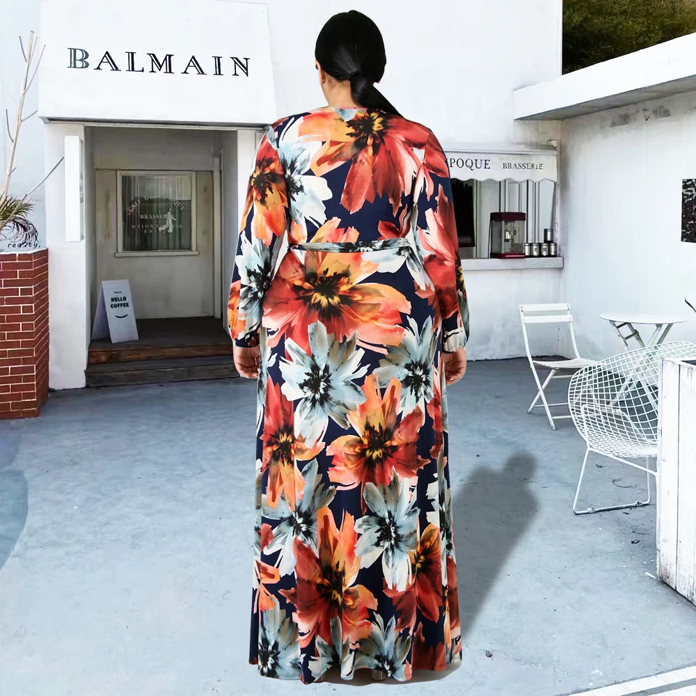 New Muslim Chiffon Dresses For Women 2022 Floral Color African Maxi Robe V-neck Print Long Sleeve Novelty Kanga Clothing Bouou