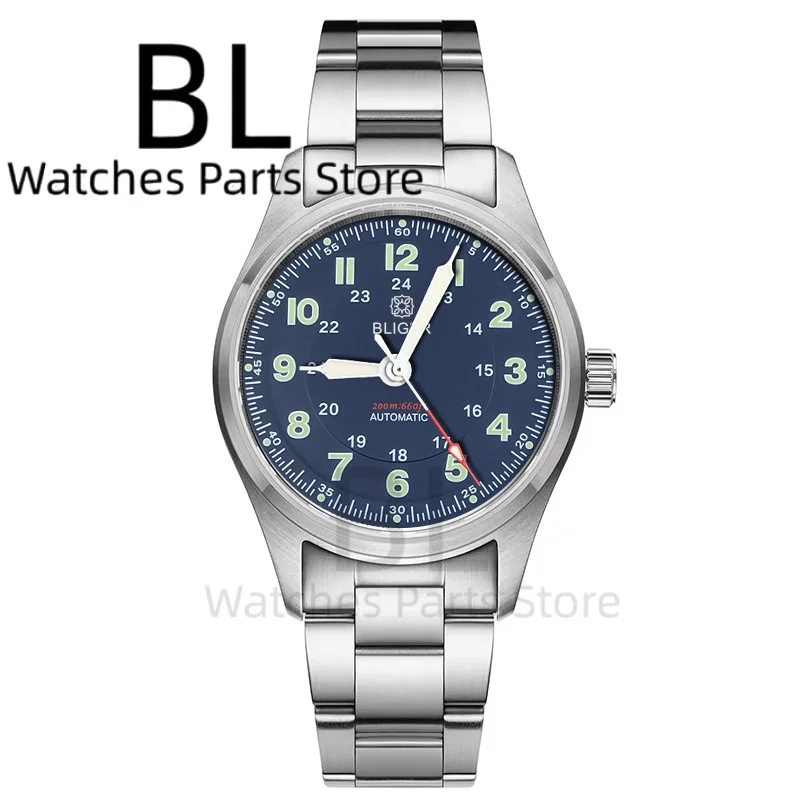 ساعة BLIGER باللون الأخضر الزيتوني للرجال 36mm39mm ساعة الطيار من الفولاذ المقاوم للصدأ NH35 زجاج الياقوت الأوتوماتيكي 10 ATM أخضر مضيء