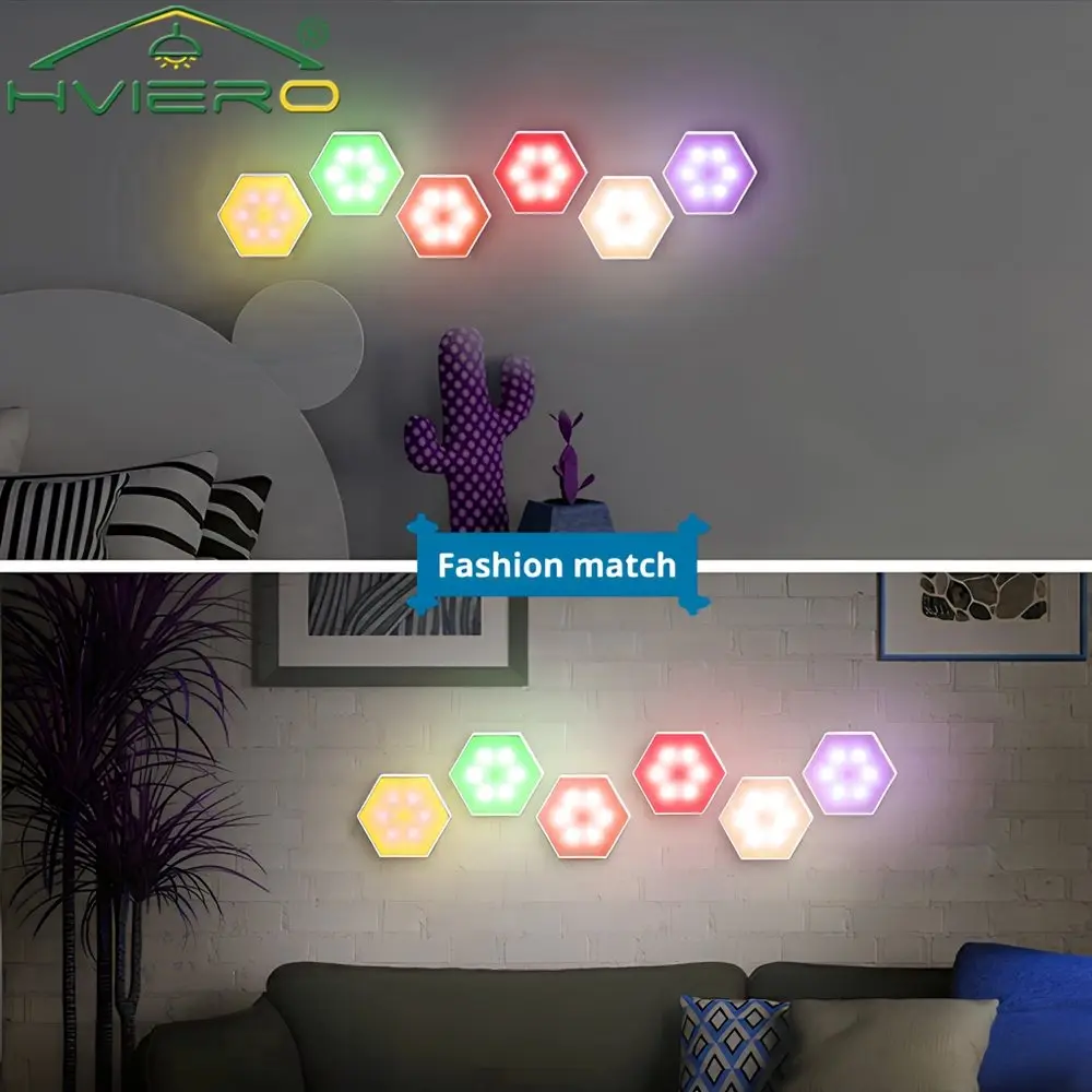 Imagem -03 - Lâmpada de Parede Rgb Sala Led Quantum Hexágono Luz Sensor Toque Favo Mel Colorido Controle Modular Noite Decoração para Quarto Interior