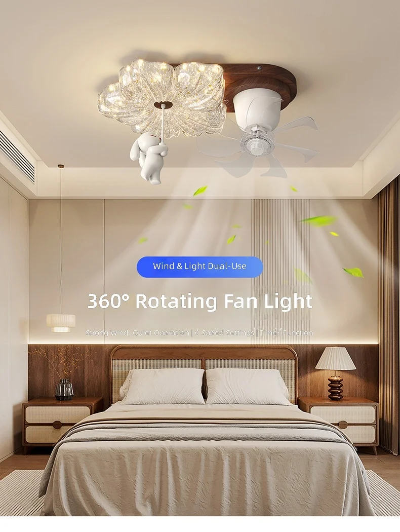 Vintage Full Spectrum Bedroom Light, Silent Oscillating Fan with Gold Foil Flowers, Kids Room Fan Light for Boys and Girls