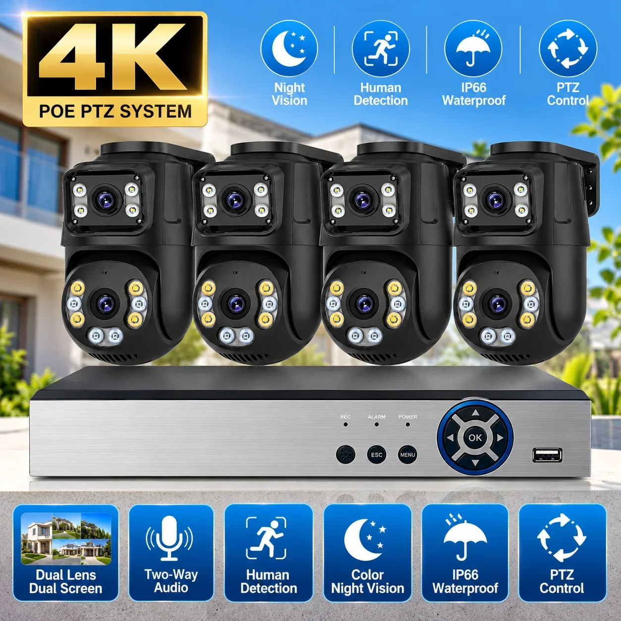 4K PoE PTZ Camera System Dual Lens Outdoor IP66 CCTV Home Security Kit with Color Night Vision Two Way Audio Human Detection NVR