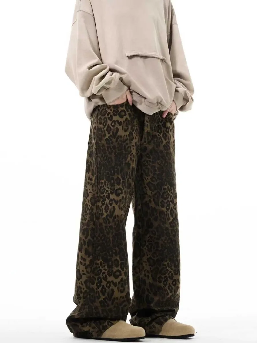 กางเกงยีนส์ทรงหลวมสไตล์ลำลองพิมพ์ลายเสือดาวสำหรับผู้หญิง สไตล์อะคาเดเมีย กรันจ์ กอธ เอสเทติก สตรีทแวร์ ฤดูหนาว