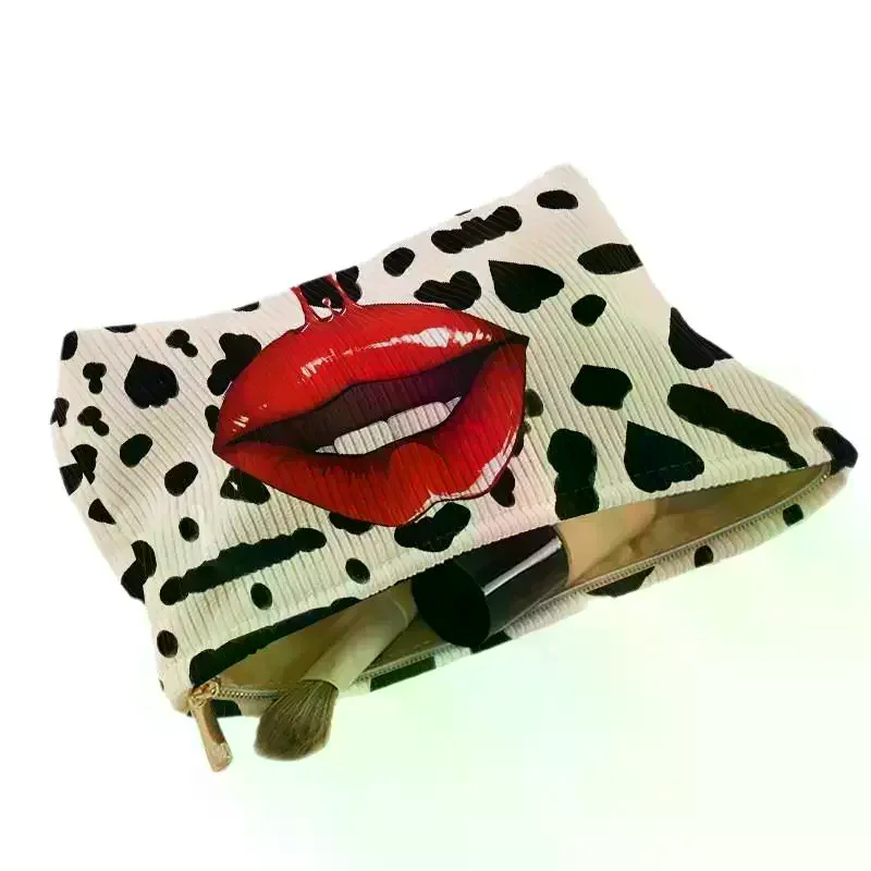 Lip Print Makeup Bag Corduroy with Zipper Practical for Women Travel and Cosmetic Storage