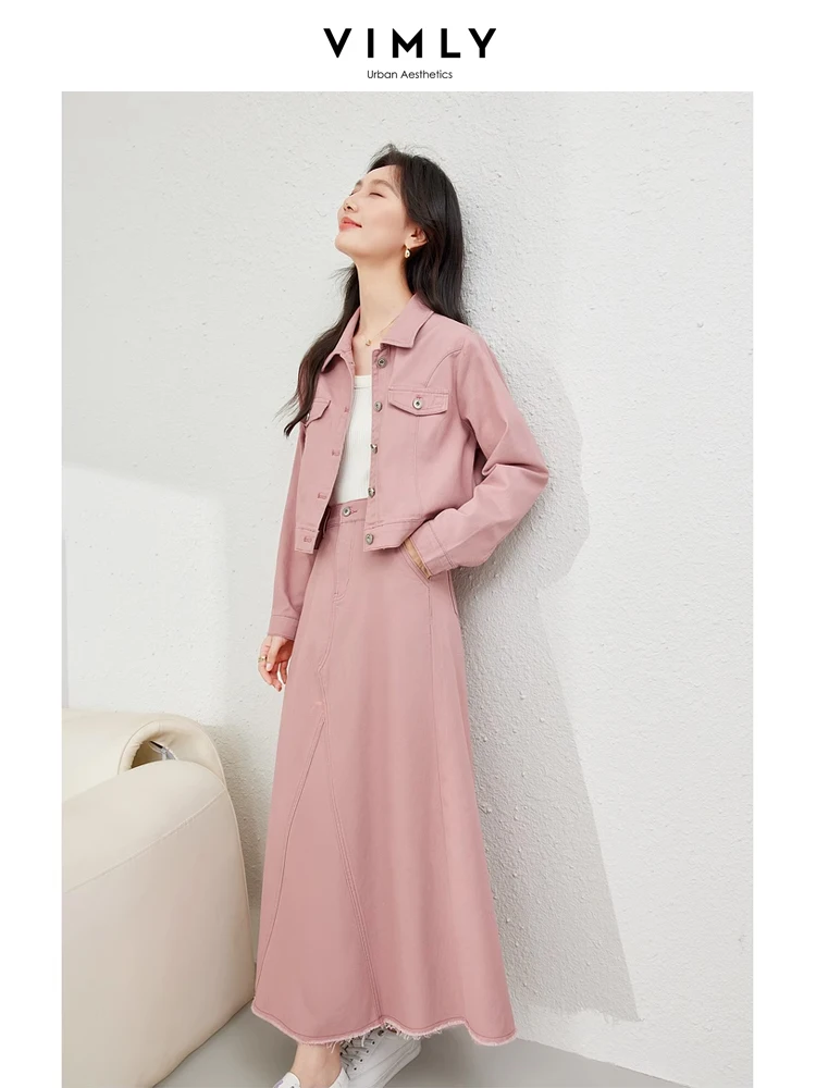 Vimly Pink Denim Skirts Set Women 2024 Spring Two Piece Outfits Fashion Casual Matching Sets Cropped Jacket Maxi Skirts 72970