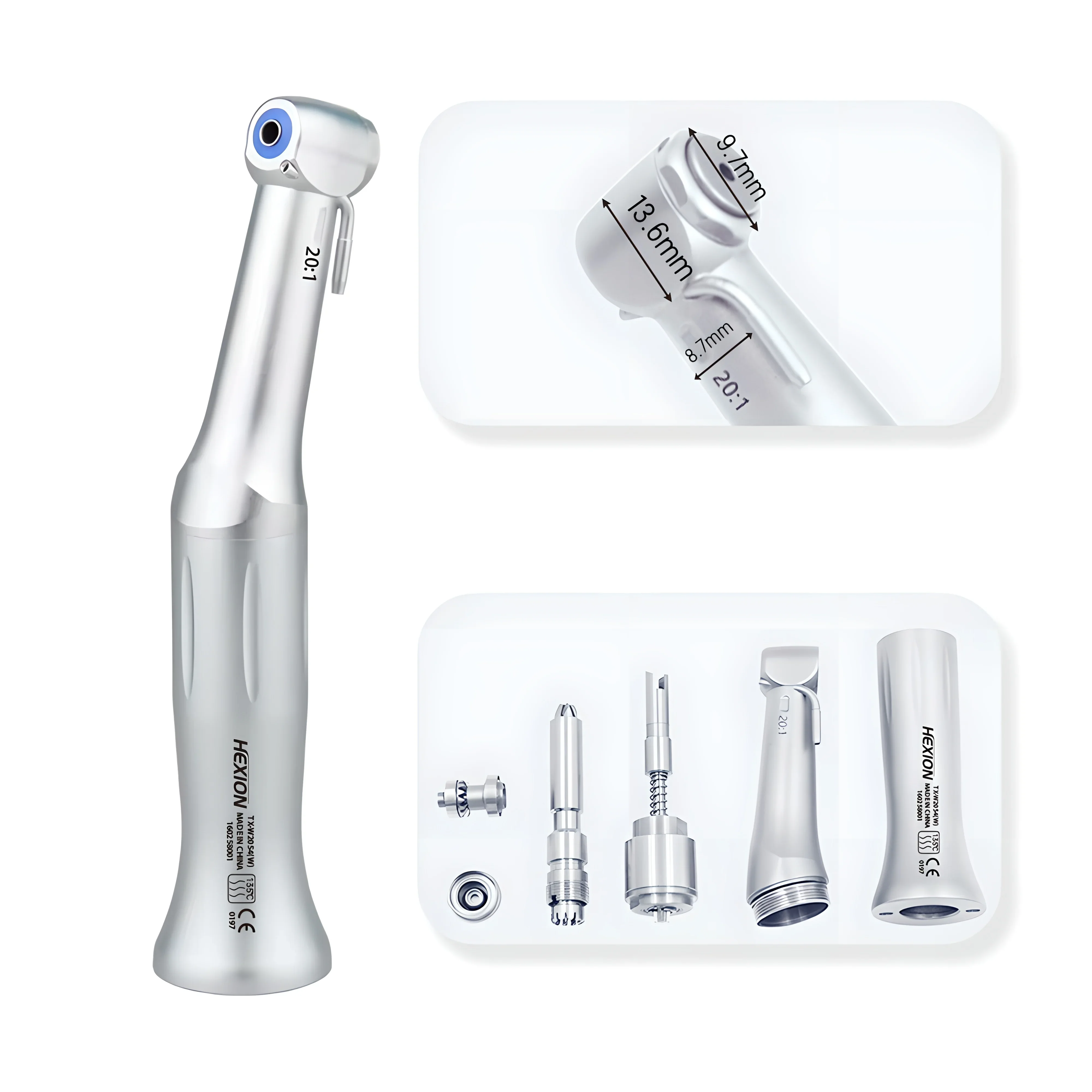 

HEXION 20:1 Dental Implant Handpiece Push Button Low Speed Reduction E-Type Connector Contra Angle Handpiece Torque 80Ncm