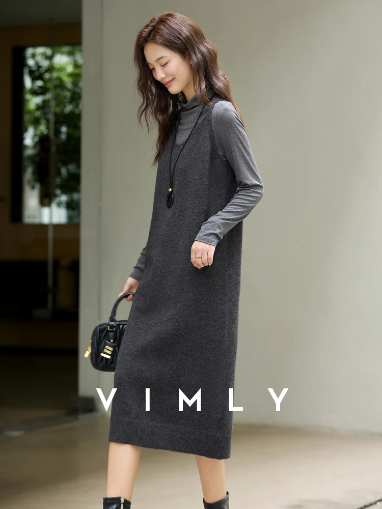 

VIMLY женский классический костюм 202, осенняя мода, вязаные топы с воротником-стойкой, прямые платья-комбинации, повседневный женский комплект из 2 предметов A3059