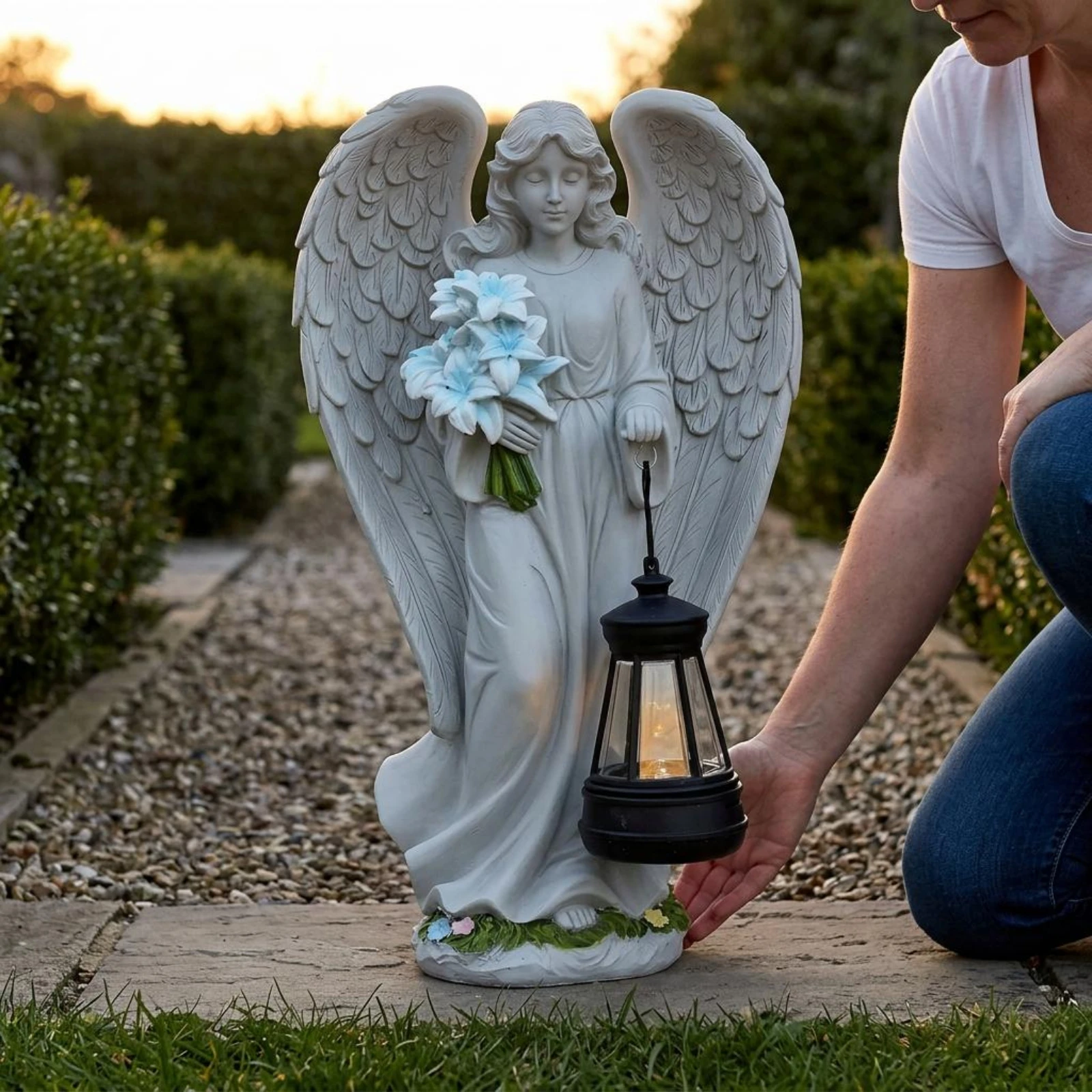Angel Lantern Statue Feathered Wings Solar Angel Statue Outdoor Decor Decorative Weather Resistant for Walkway - view 5