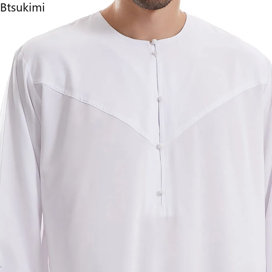 Muslim Fashion Abaya Men Jubba Thobe Long Sleeve Round Neck Prayer Kaftan Dress Robe Eid Ramadan Caftan Morocco Islamic Clothing