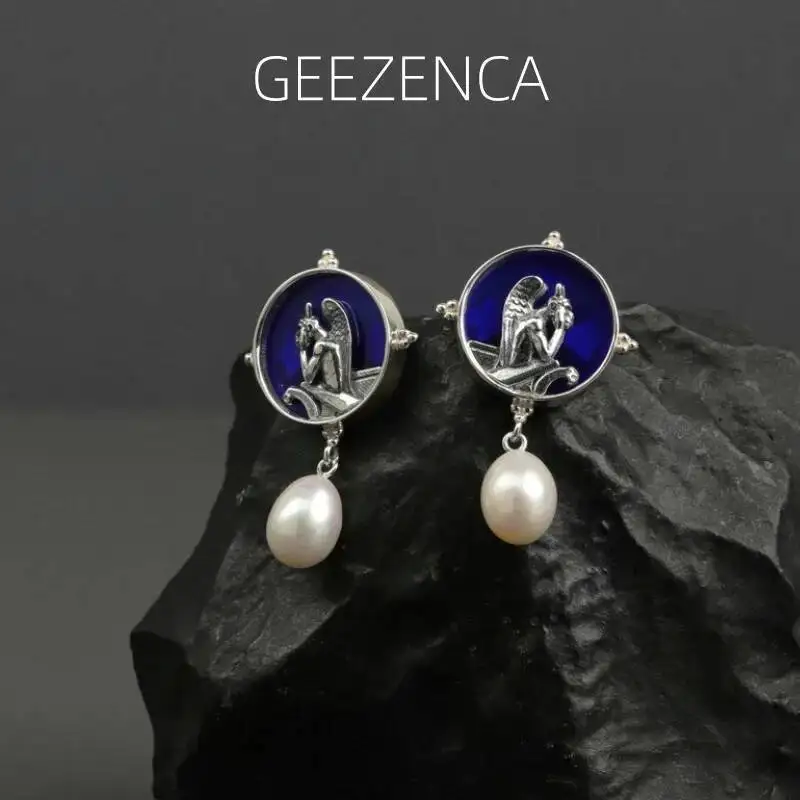 

GEEZENCA 925, серебряные, синие, стеклянные, с жемчугом, висячие серьги для женщин, статуя собора Notre Dame, дизайнерские шикарные серьги, подарок на вечеринку