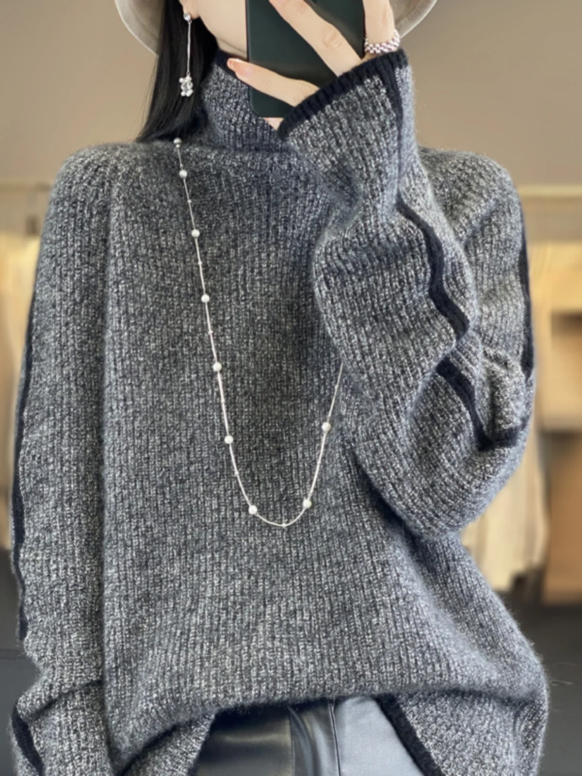 

Autumn and winter high-necked thick cashmere sweater women's loose knit bottoming shirt lazy slim pullover