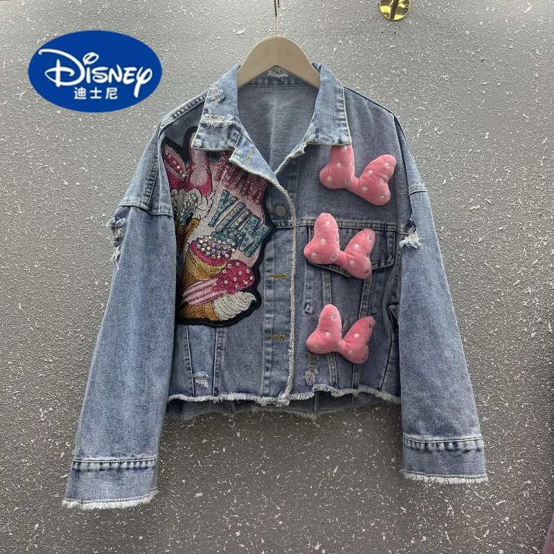 

Disney 2025 New Heavy Duty Beaded Cartoon Large Bow Jacket Autumn Women Fashion Denim Outerwear Coat