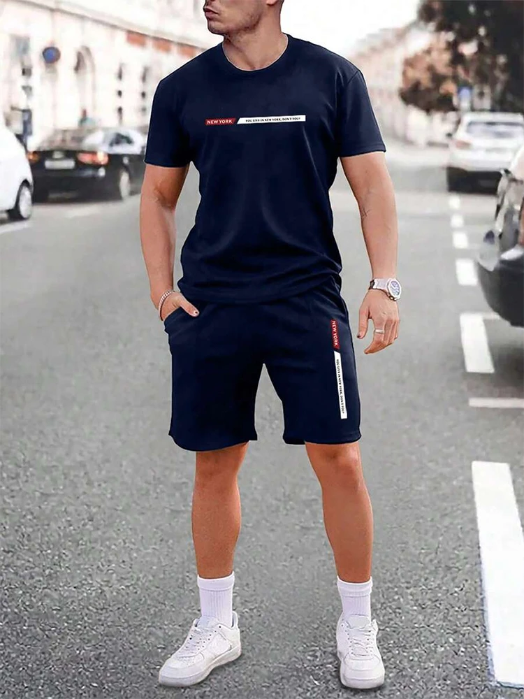 Urban street fashion trend men\'s crew neck short sleeve suit outdoor simple crew neck top casual and comfortable shorts