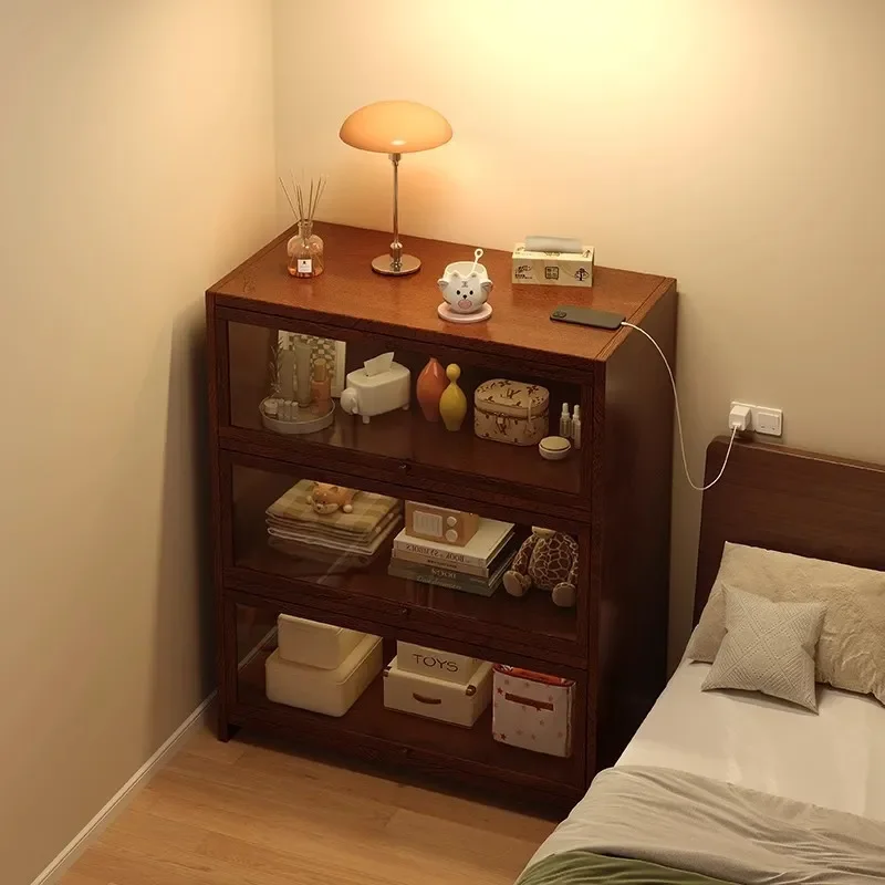 for Solid Wood Bedside Table Bookshelf Floor to Ceiling Dust Proof Display Cabinet Locker Bedroom Small Bookcase