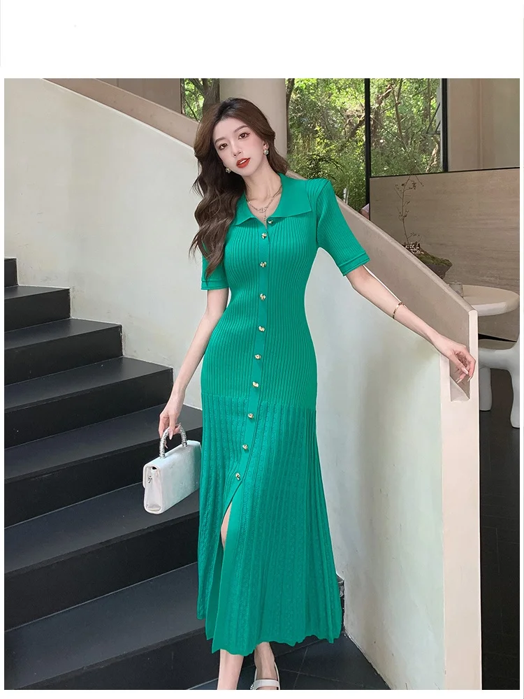 

Green Apricot Black Knitted Mid Length Dress French Vintage Elegant Temperament Slimming Dress New Fashion Summer Clothing