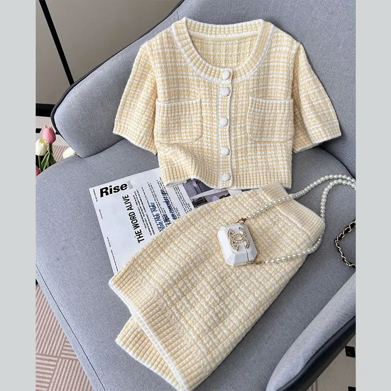 

Spring Autumn Temperament Patchwork O-neck Knitting Two-piece Suit Female Elegant All-match Buttons Cardigan A-line Skirt Sets